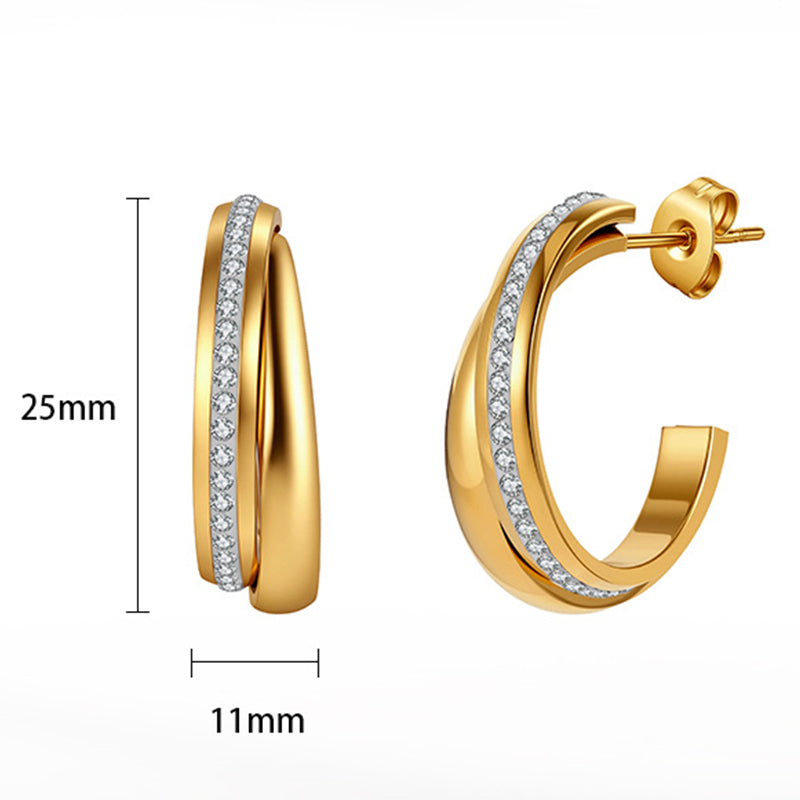 Gold Plated Stainless Steel Intertwined Double Band C Hoop Earrings Inlaid with CZ