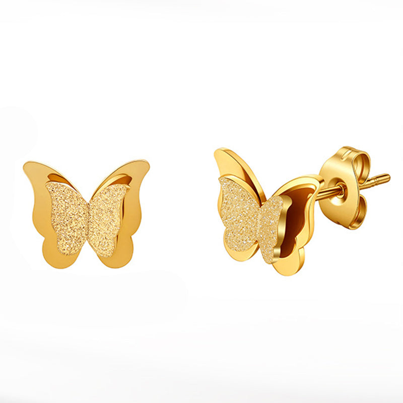Gold Plated Stainless Steel Layered Butterfly Stud Earrings with Sandblast Glitter Wings