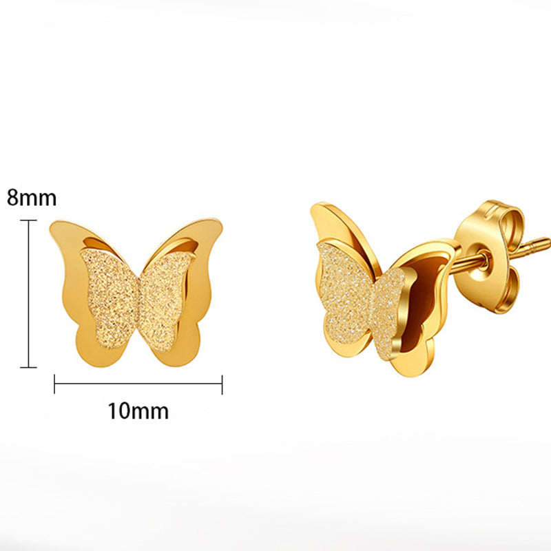 Gold Plated Stainless Steel Layered Butterfly Stud Earrings with Sandblast Glitter Wings