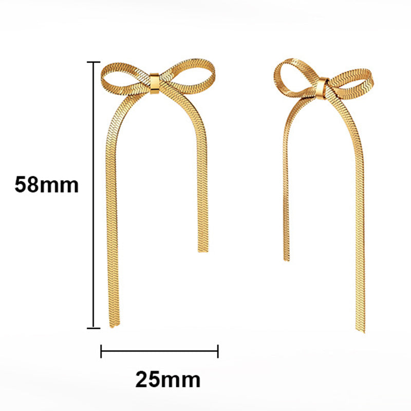 Silver Stainless Steel Snake Chain Bowknot Long Tassel Drop Earrings