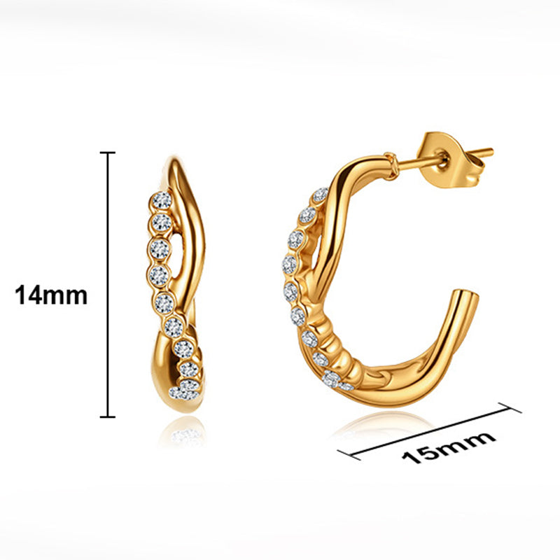 Silver Stainless Steel Twisted Open C Hoop Earrings Paved with Round CZ Gems