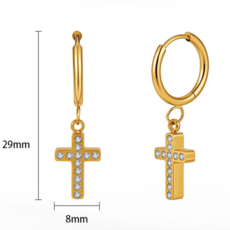Silver Stainless Steel Cross CZ Charm Huggie Hoop Drop Earrings