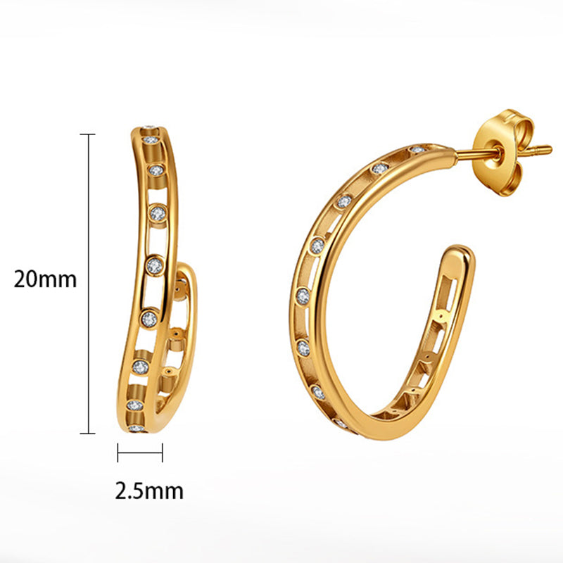 Gold Plated Stainless Steel Hollow Cutout Open C Hoop Earrings With Set CZ Stones