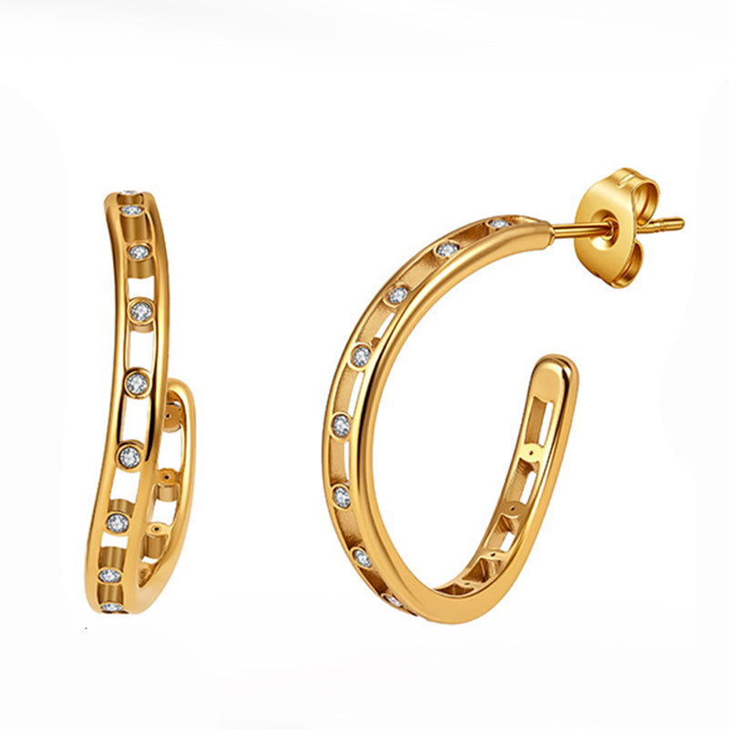 Gold Plated Stainless Steel Hollow Cutout Open C Hoop Earrings With Set CZ Stones