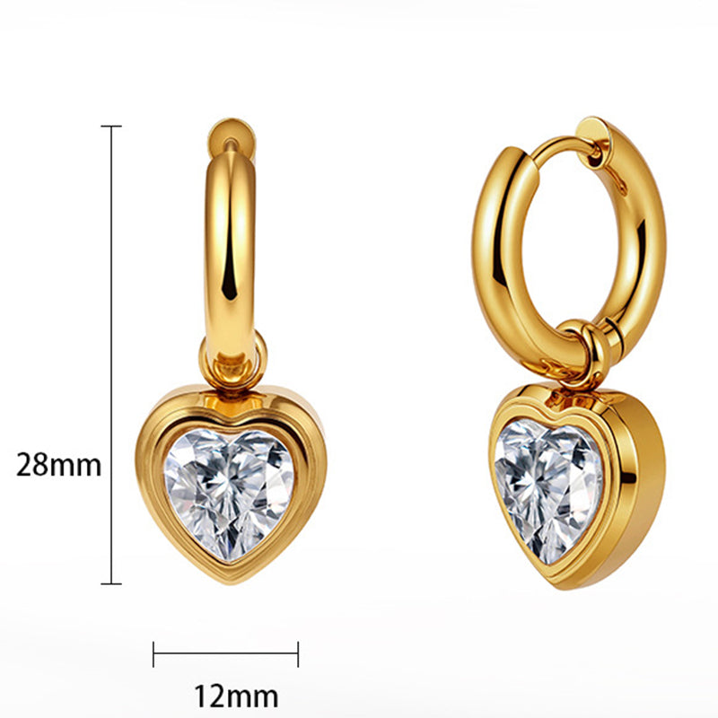 Gold Plated Stainless Steel Bezel Set Heart CZ Charm Huggie Hoop Earrings