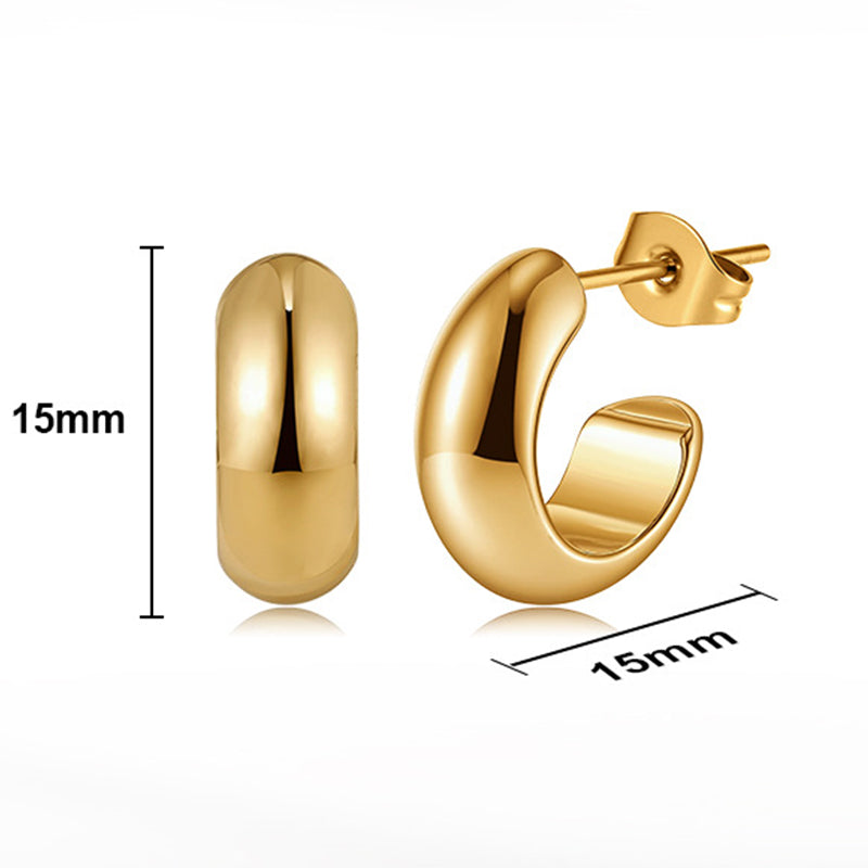 Gold Plated Stainless Steel Chunky Smooth Wide C-Shaped Hoop Stud Earrings
