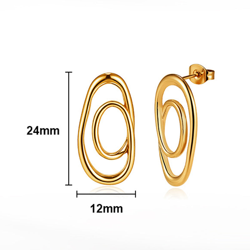 Gold Plated Stainless Steel Double Interlocking Irregular Oval Hoop Stud Earrings