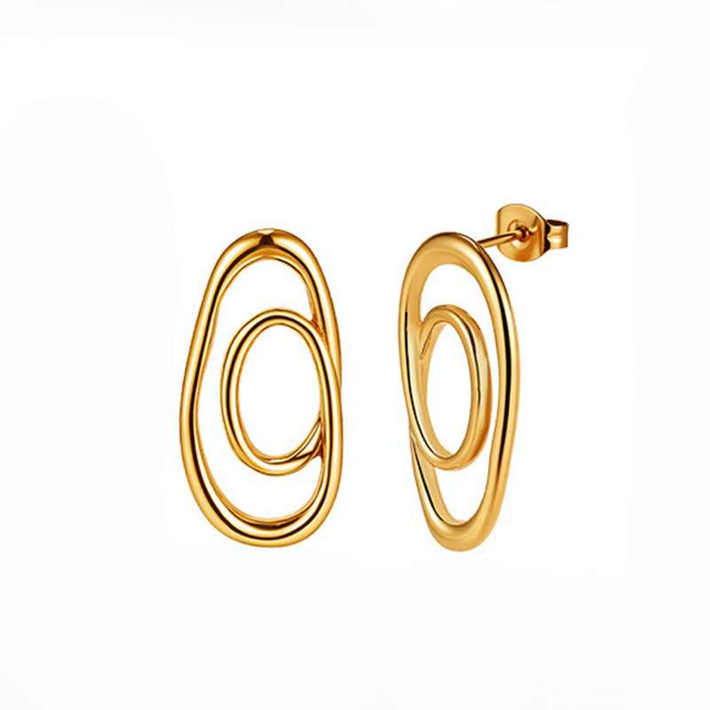 Gold Plated Stainless Steel Double Interlocking Irregular Oval Hoop Stud Earrings
