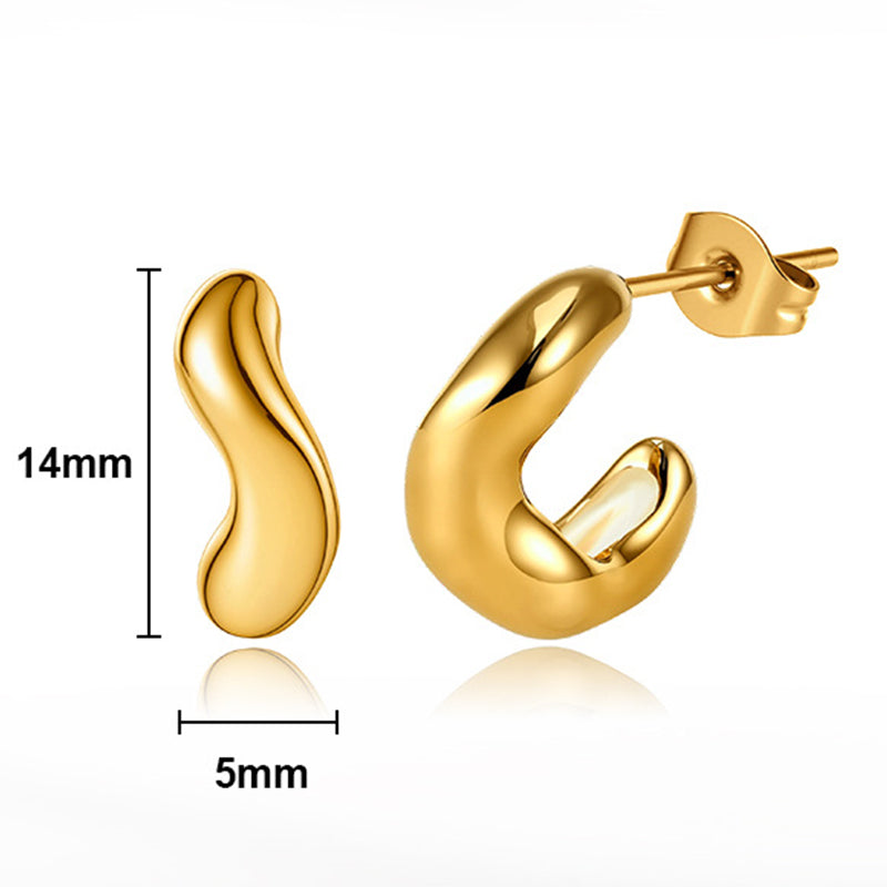 Gold Plated Stainless Steel Smooth Curved Bean Shape C Stud Earrings