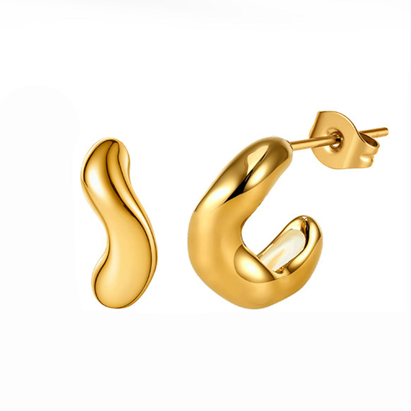 Gold Plated Stainless Steel Smooth Curved Bean Shape C Stud Earrings