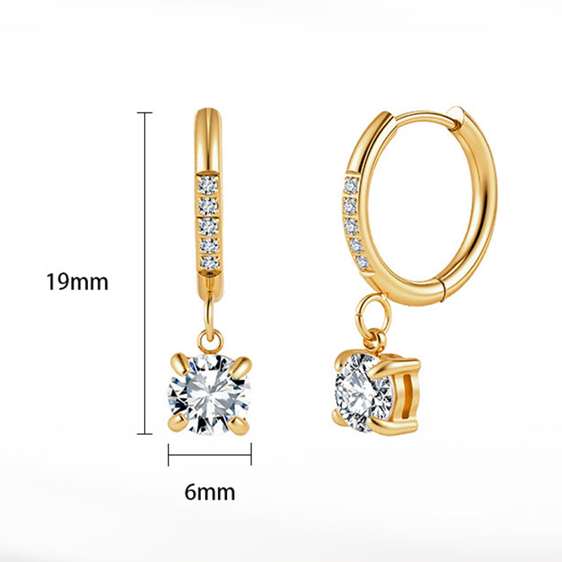 Gold Plated Stainless Steel CZ Paved Huggie Hoop Earrings with Round CZ Charm Drop