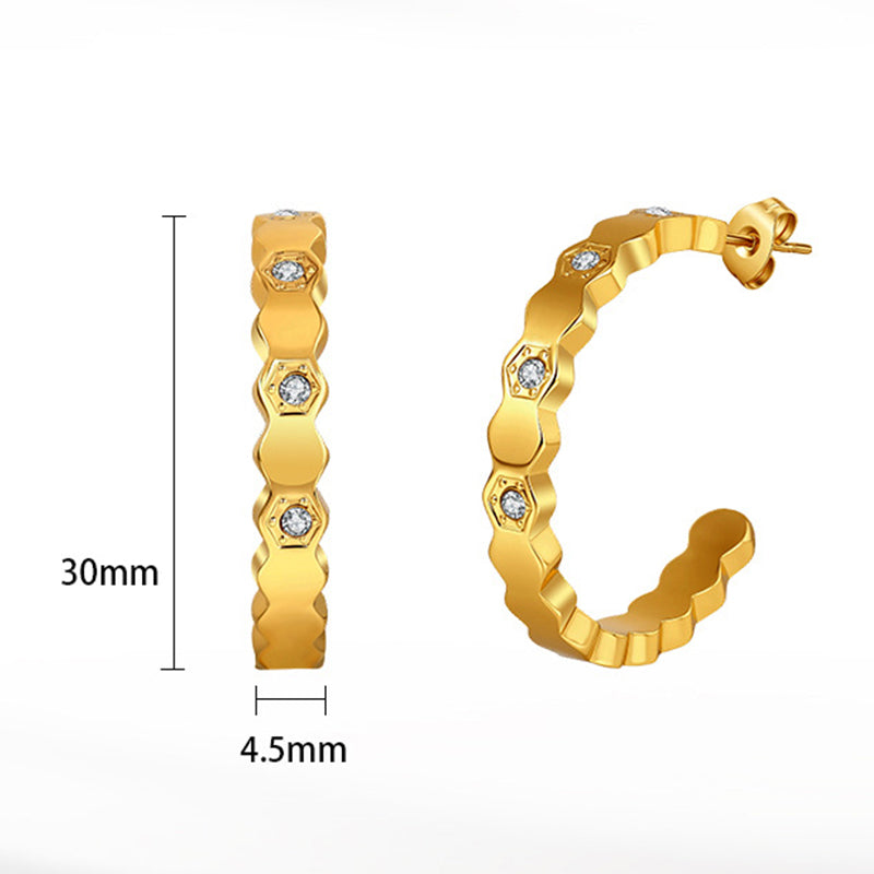 Gold Plated Stainless Steel Wavy Hexagon C Hoop Earrings Inlaid with Round CZ Stones
