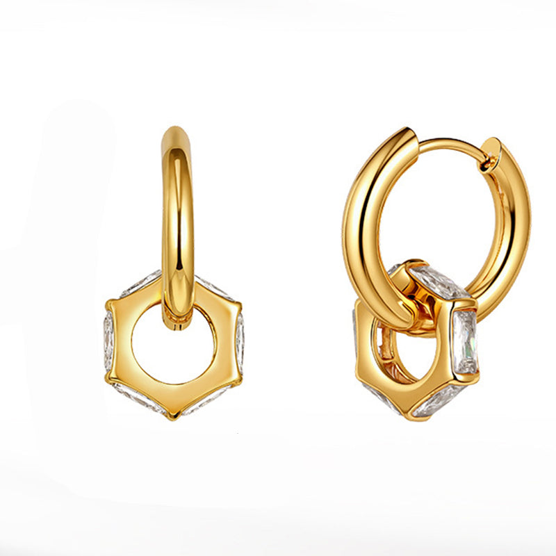 Gold Plated Stainless Steel Hexagonal CZ Charm Huggie Hoop Earrings