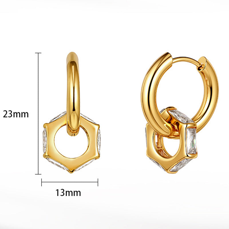 Gold Plated Stainless Steel Hexagonal CZ Charm Huggie Hoop Earrings