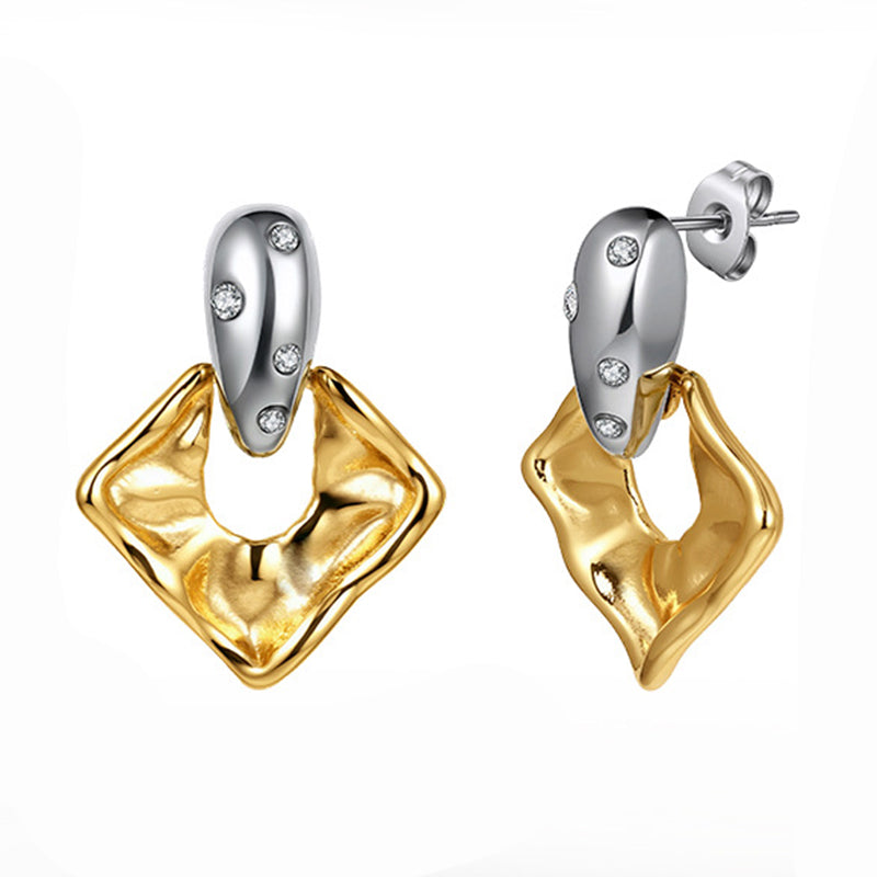 Two-Tone Stainless Steel Hammered Square Drop Earrings with Paved CZ Stones