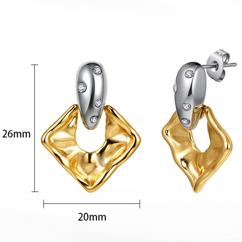 Two-Tone Stainless Steel Hammered Square Drop Earrings with Paved CZ Stones