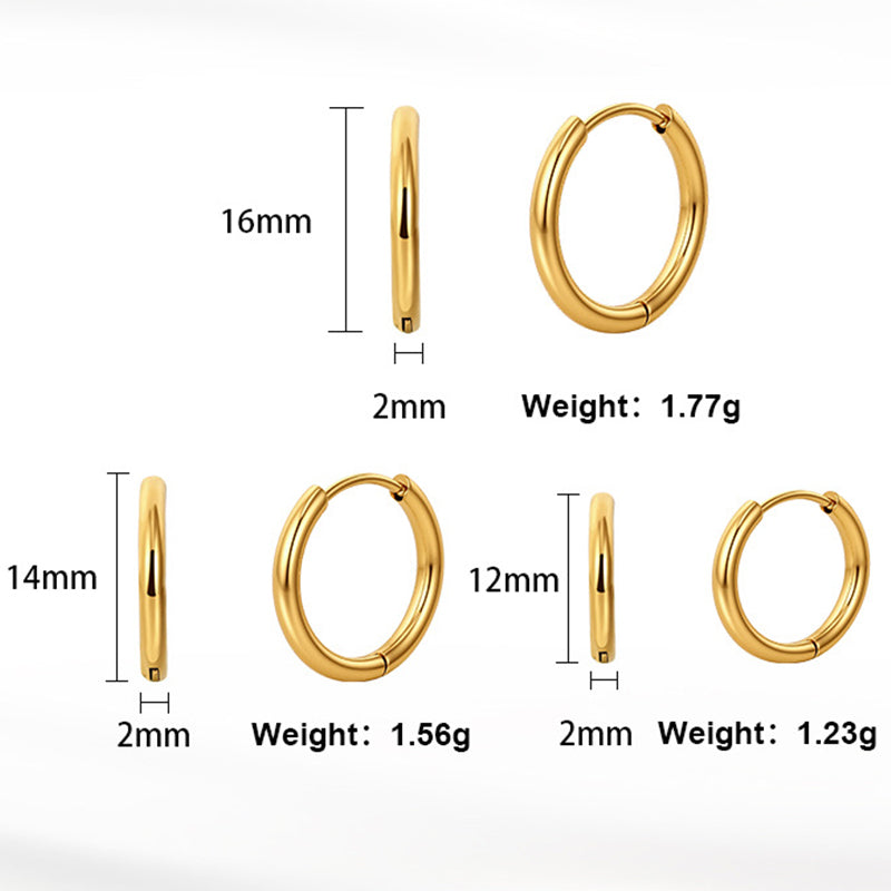 Gold Plated Stainless Steel Polished Round Huggie Hoop Earring Set, 3 Pairs
