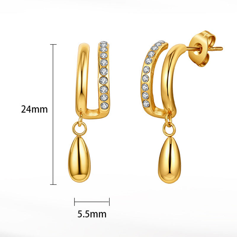 Gold Plated Stainless Steel C Shape CZ Stud Earrings with Teardrop Metal Drop Charm