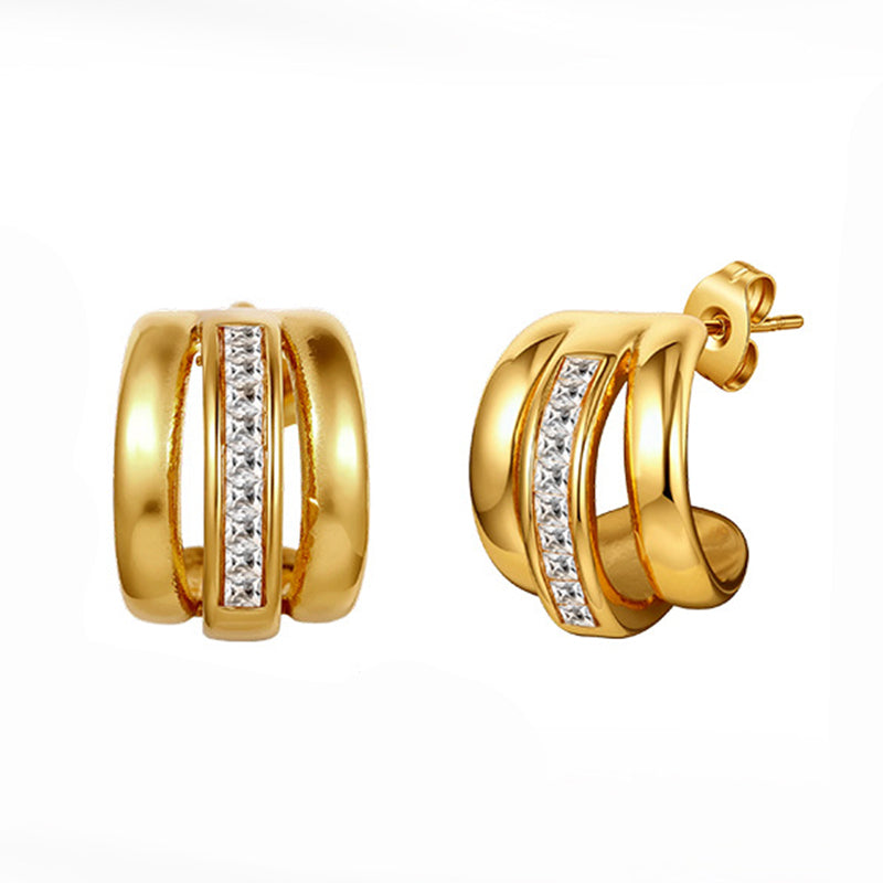 Gold Plated Stainless Steel Triple Band C Hoop Earrings With Inlaid CZ Strip