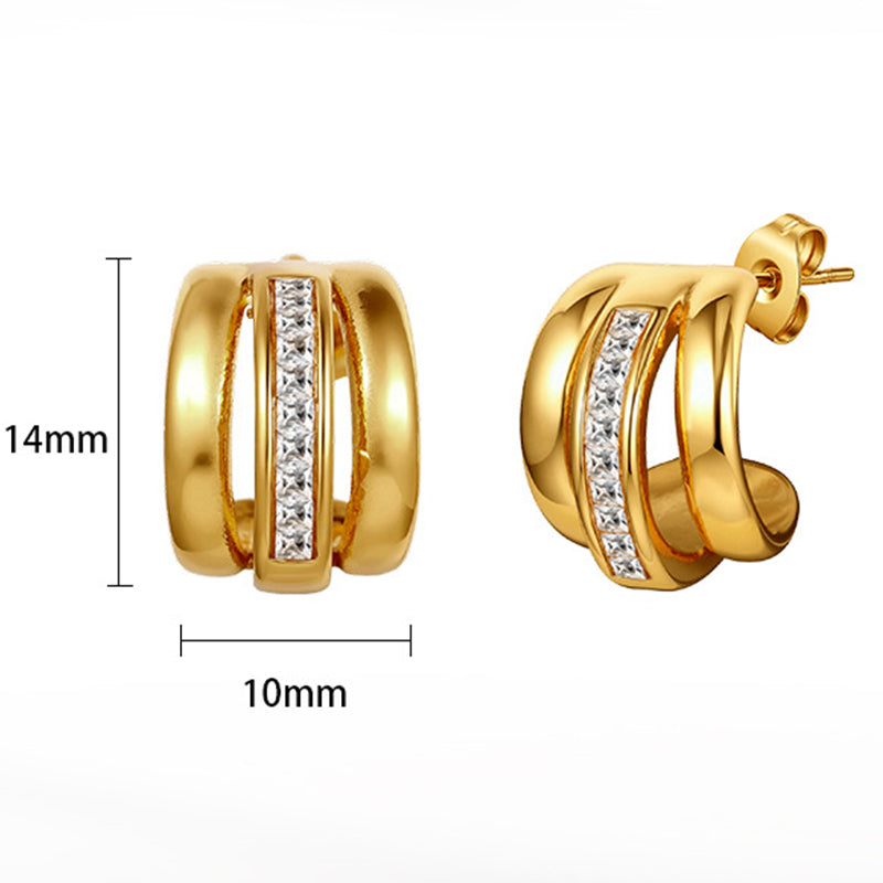 Gold Plated Stainless Steel Triple Band C Hoop Earrings With Inlaid CZ Strip