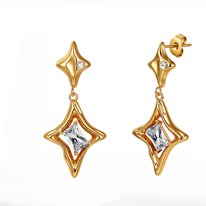 Gold Plated Stainless Steel Hollow Star Shape CZ Drop Stud Earrings