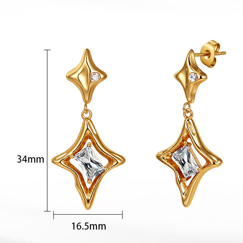 Gold Plated Stainless Steel Hollow Star Shape CZ Drop Stud Earrings