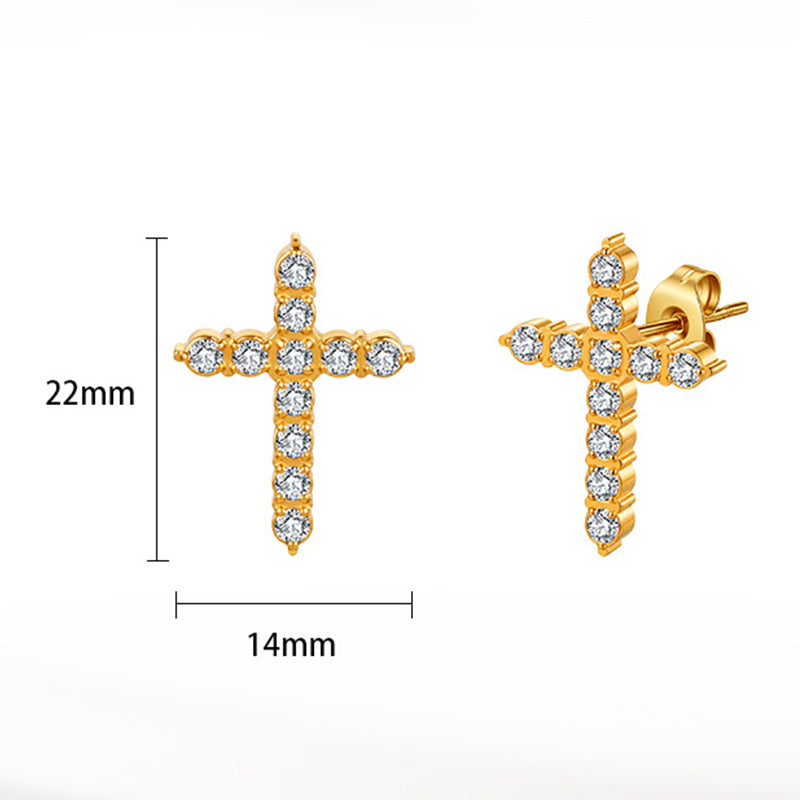 Gold Plated Stainless Steel Paved CZ Cross Stud Earrings