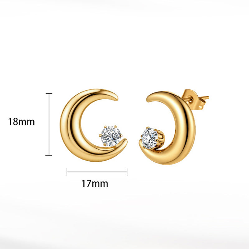 Gold Plated Stainless Steel Crescent Moon Stud Earrings with Round Clear Cubic Zirconia