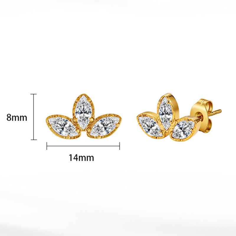 Gold Plated Stainless Steel Marquise CZ Three-Leaf Stud Earrings
