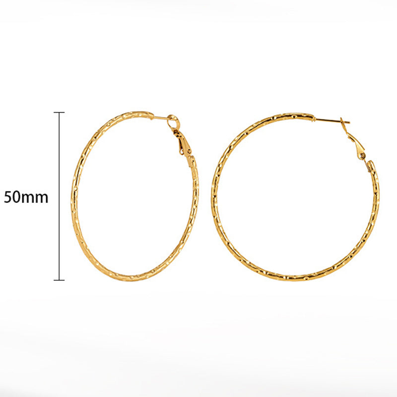 Gold Plated Stainless Steel Hammered Texture Large Round Hoop Earrings