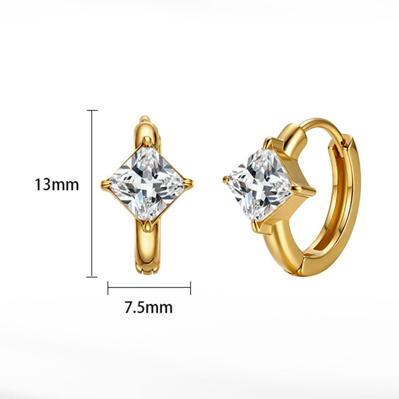 Silver Stainless Steel Princess Square Cut CZ Huggie Hoop Earrings