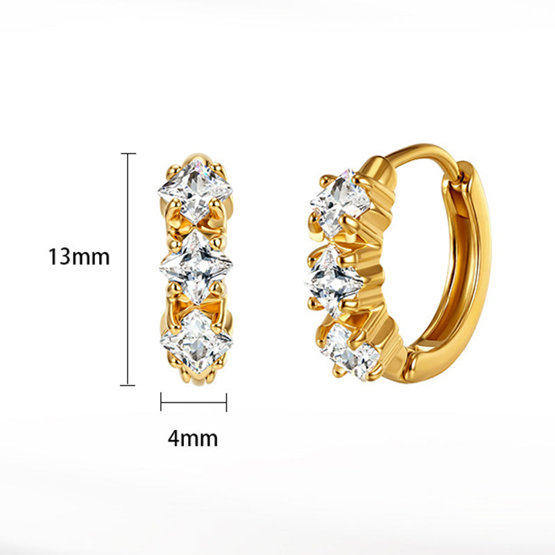 Gold Plated Stainless Steel Triple Square CZ Paved Huggie Hoop Earrings