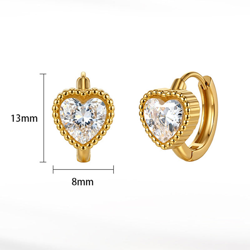 Gold Plated Stainless Steel Heart CZ Huggie Earrings with Beaded Milgrain Border