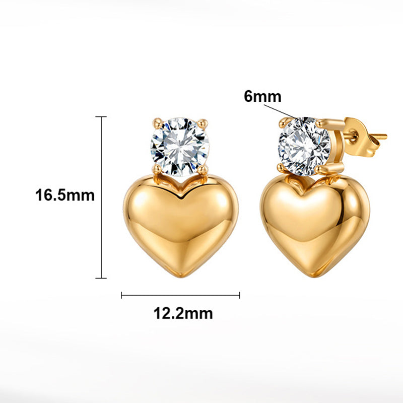 Gold Plated Stainless Steel Round CZ Stud Earrings with Puffy Heart Drop