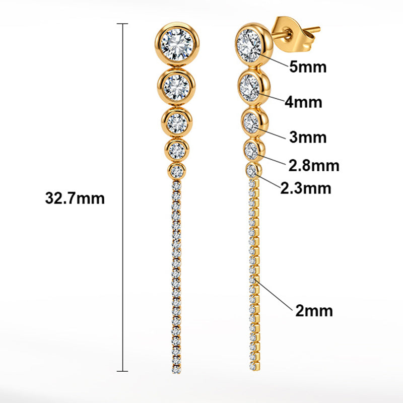 Gold Plated Stainless Steel Graduated Round CZ Long Tassel Dangle Earrings