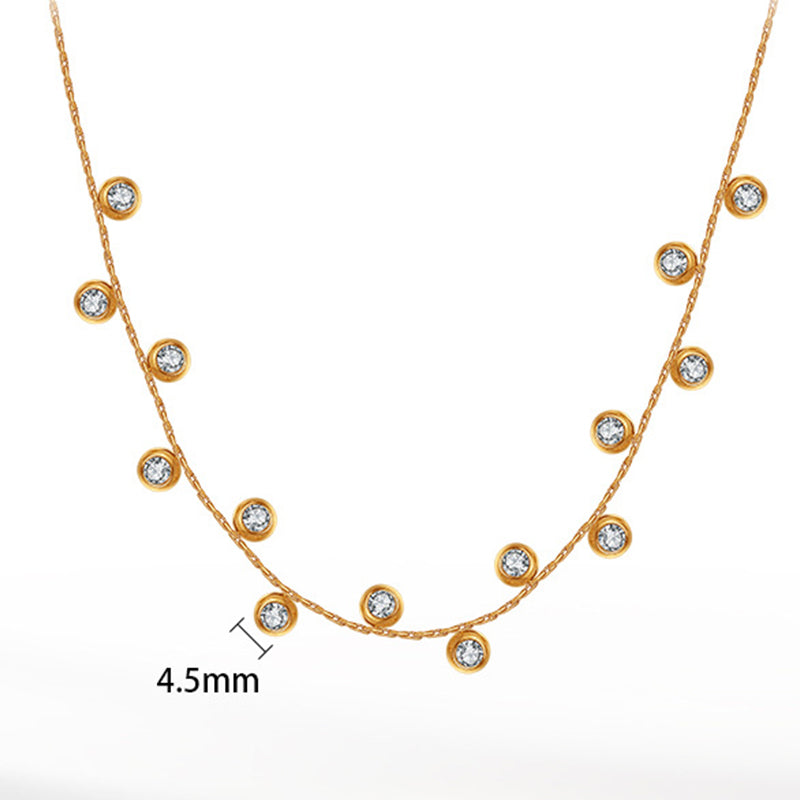 Gold Stainless Steel Bezel Set CZ Station Necklace, Round Cubic Zirconia Floating Dainty Cable Chain Necklace