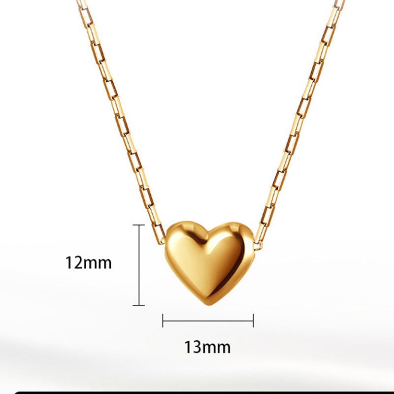 Gold Stainless Steel Puffy Heart Necklace, Polished 3D Solid Heart Charm on Box Link Chain