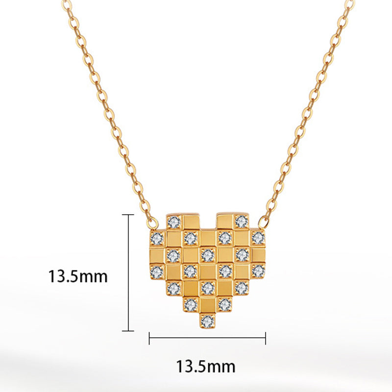 Gold Stainless Steel Pixel Heart Necklace, Mosaic Square Heart Pendant Inlaid with Round Clear CZ Stones, Thin Rolo Chain