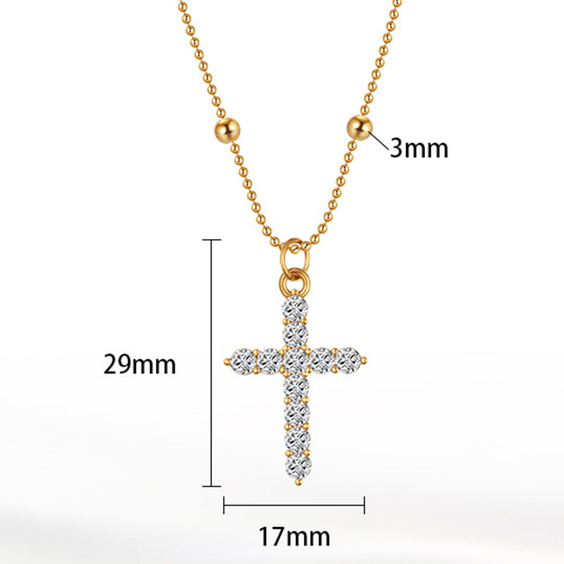 Silver Stainless Steel Paved CZ Cross Pendant Necklace, Ball Bead Satellite Chain Full Crystal Cross Charm Necklace