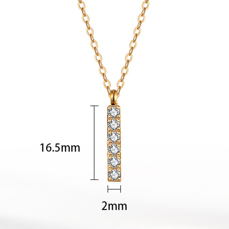 Gold Stainless Steel Vertical Bar CZ Pendant Necklace, 6 Round Cubic Zirconia Inlaid Rectangle Bar Cable Chain