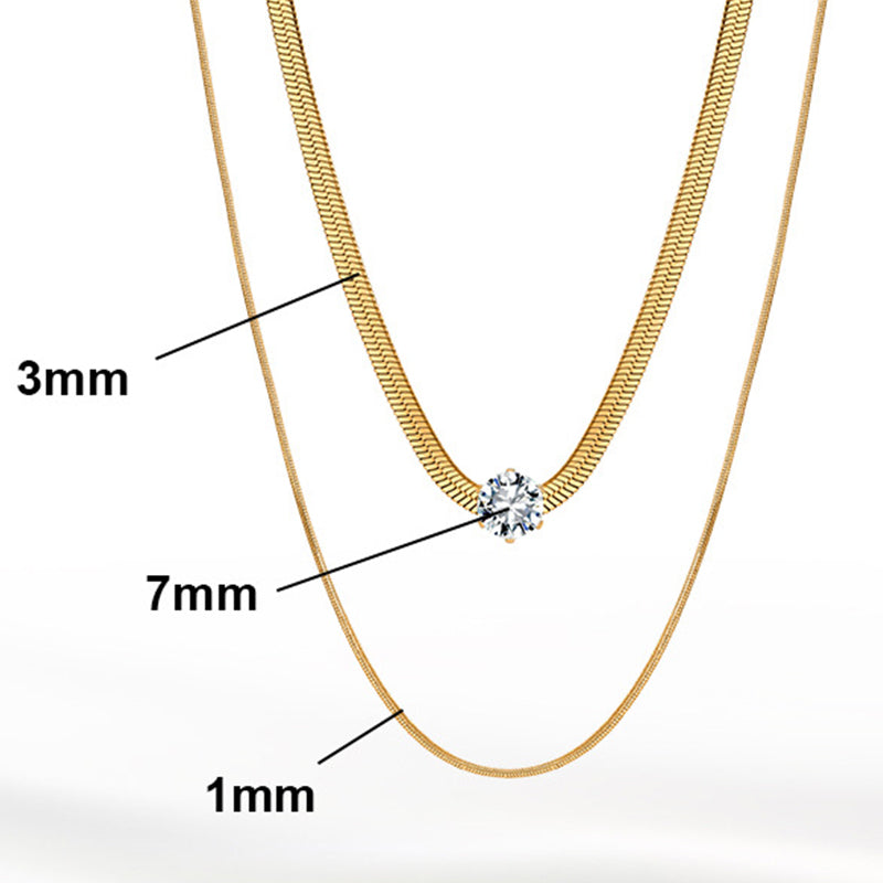 Silver Stainless Steel Double Layer Herringbone Necklace, 2-Tier Snake Chain with Single Round CZ Solitaire Pendant