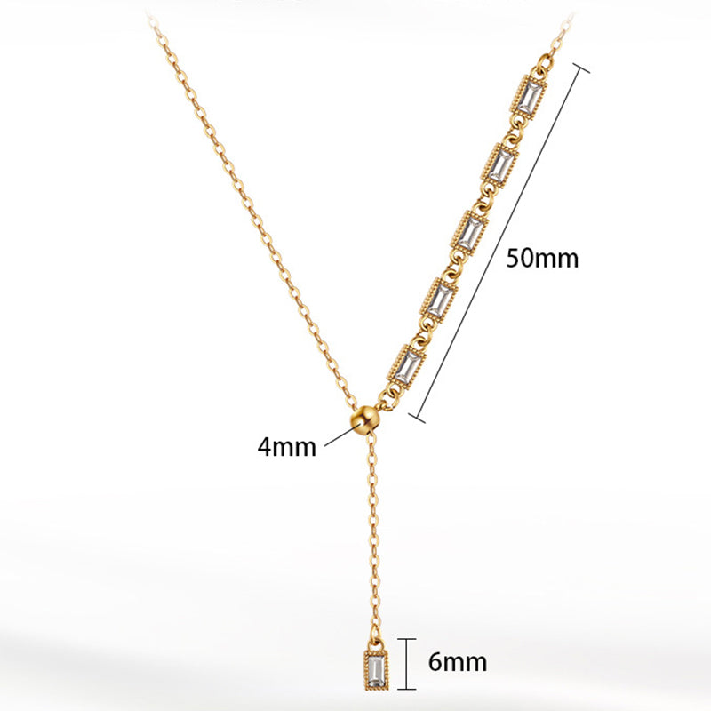 Gold Stainless Steel Baguette CZ Lariat Y Necklace, Vertical Rectangle Baguette Cut Zircon Station Adjustable Drop Chain