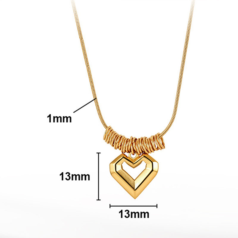 Gold Stainless Steel Hollow Heart Snake Chain Necklace, Multi Spring Wire Coil Accents Open Heart Geometric Pendant