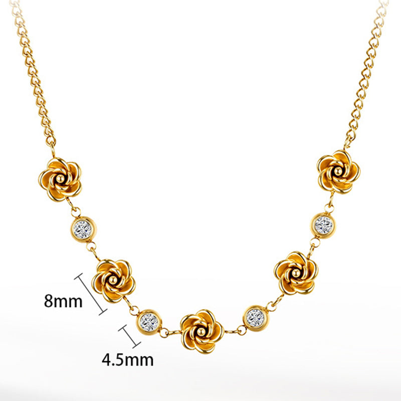 Silver Stainless Steel Rose Flower Station Necklace, 3D Sculpted Rose Charms with Bezel Set Round CZ Stones, Rolo Chain