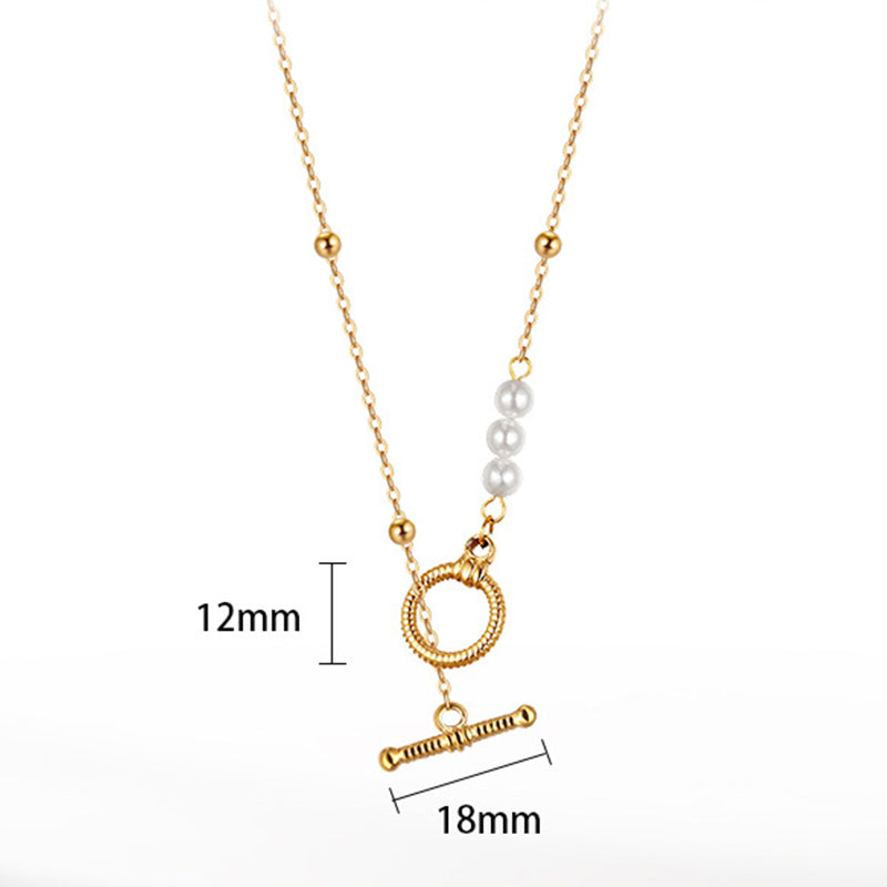 Gold Stainless Steel Beaded Rolo Chain Necklace with White Pearl Accents, Textured Toggle OT Clasp Pendant