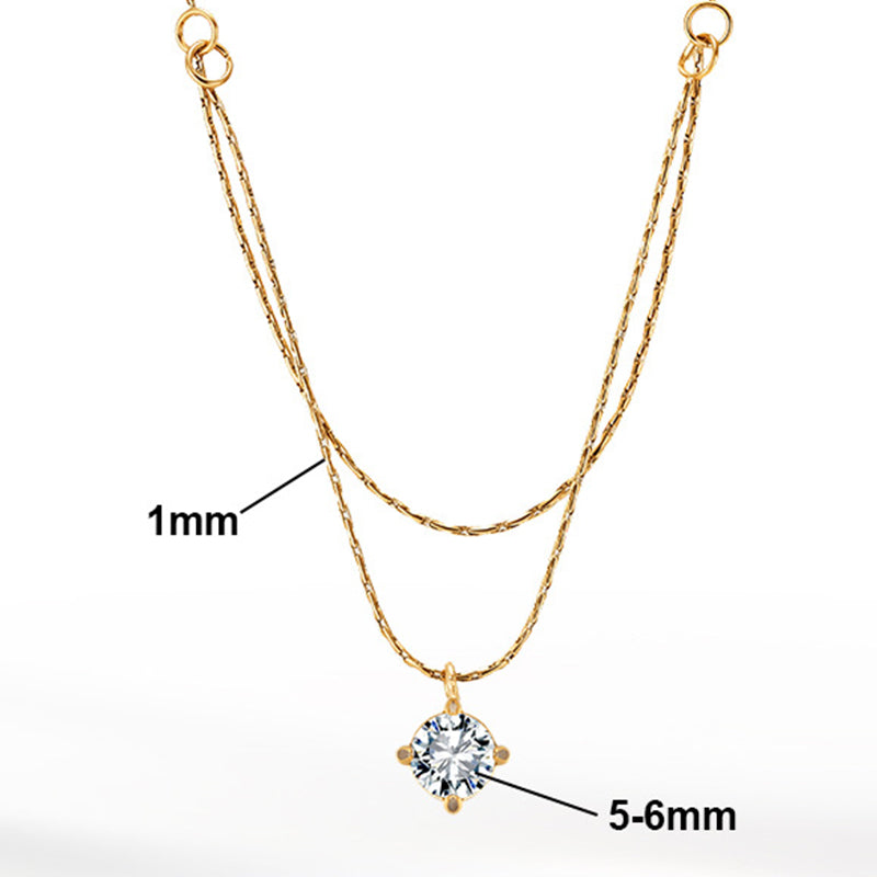 Gold Stainless Steel Double Layer Paperclip Chain Necklace, Solitaire Round CZ Four Prong Drop Pendant