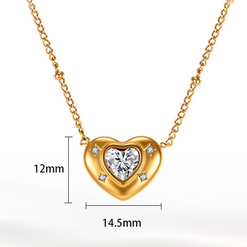 Gold Stainless Steel Heart CZ Pendant Necklace, Large Heart Cut Cubic Zirconia with 4 Small Accent CZ Stones, Adjustable Rolo Chain