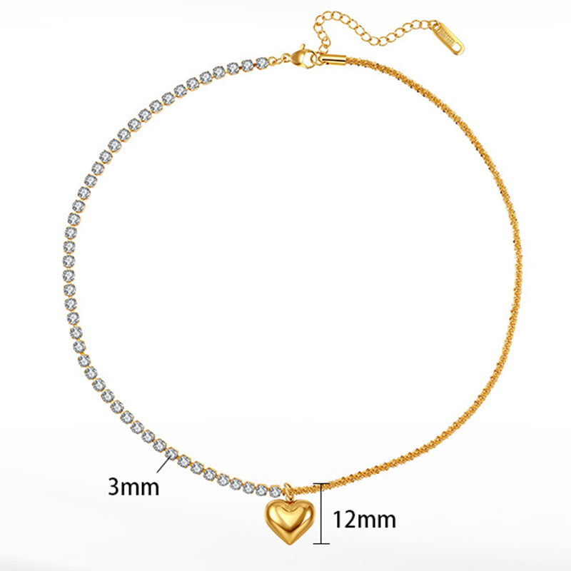 Gold Stainless Steel Two-Tone Choker Necklace, Half Tennis CZ Chain & Half Sparkle Chain with Puffy Heart Charm
