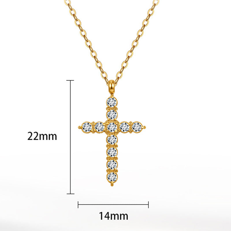 Gold Stainless Steel Vintage Paved CZ Cross Pendant Necklace, Ornate Round Cubic Zirconia Cross Charm Necklace