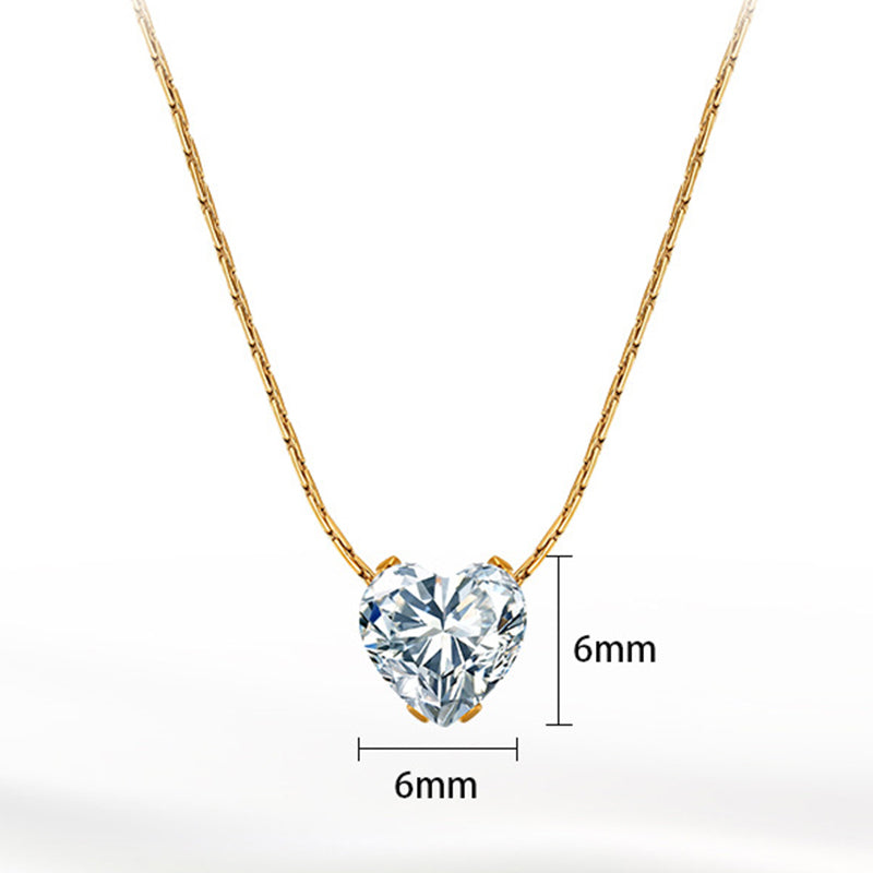 Gold Stainless Steel Heart Cut CZ Solitaire Necklace, Single Heart Shaped Clear Cubic Zirconia 4-Prong Set Thin Rectangular Link Chain